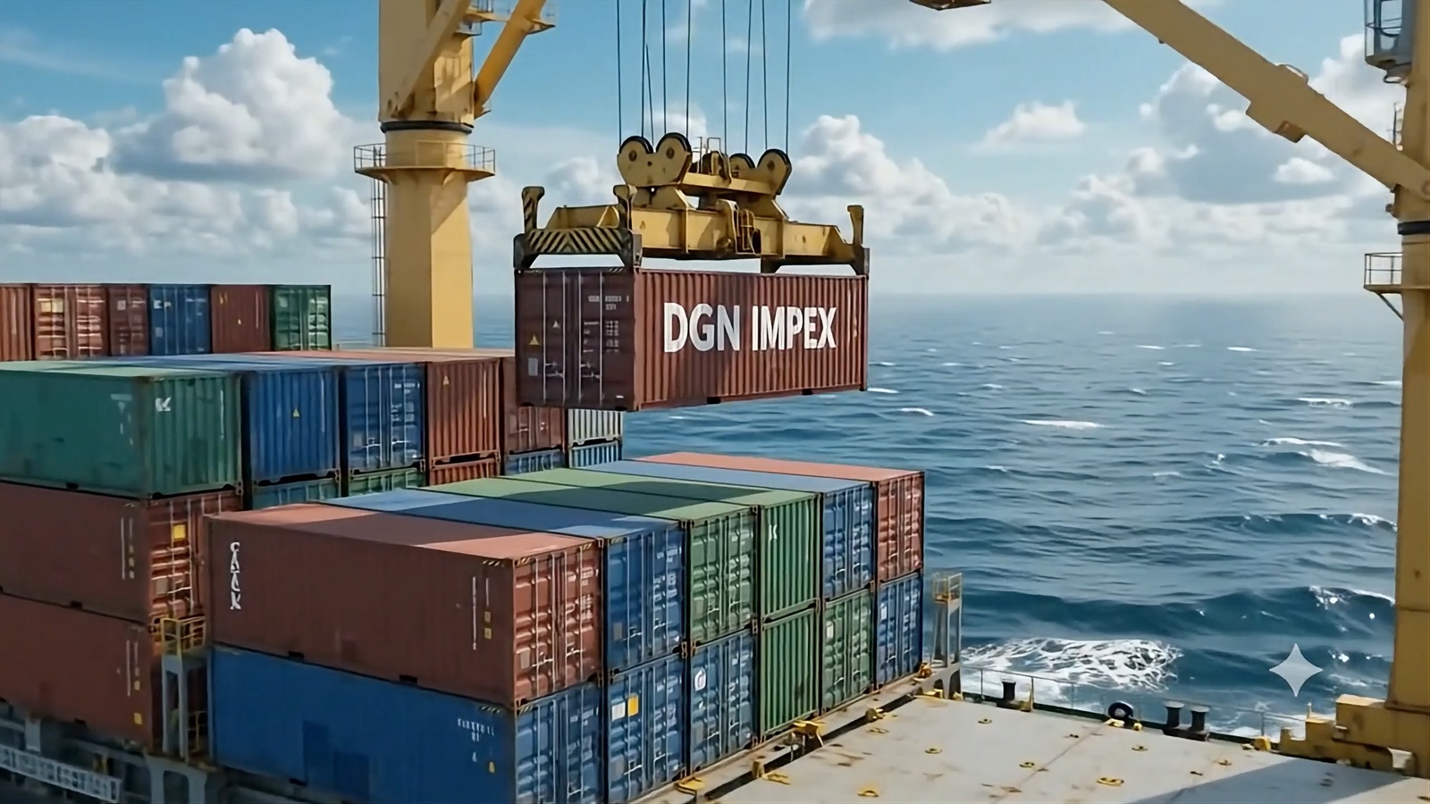 A DGN Impex–branded shipping container being craned onto a cargo vessel at sea