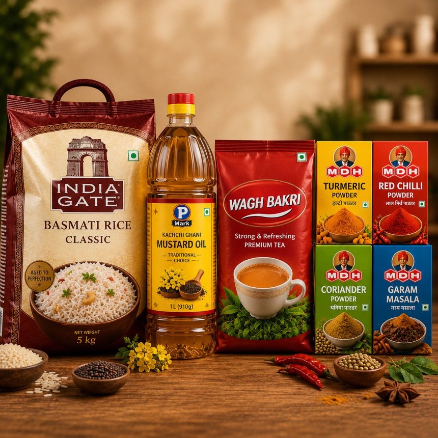 Indian food & beverage brands — India Gate basmati rice, P Mark mustard oil, Wagh Bakri tea and MDH spices