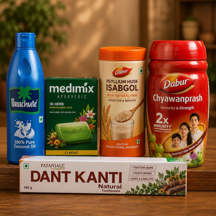 Indian OTC wellness & personal care — Parachute coconut oil, Medimix soap, Dabur Isabgol, Dabur Chyawanprash and Patanjali Dant Kanti