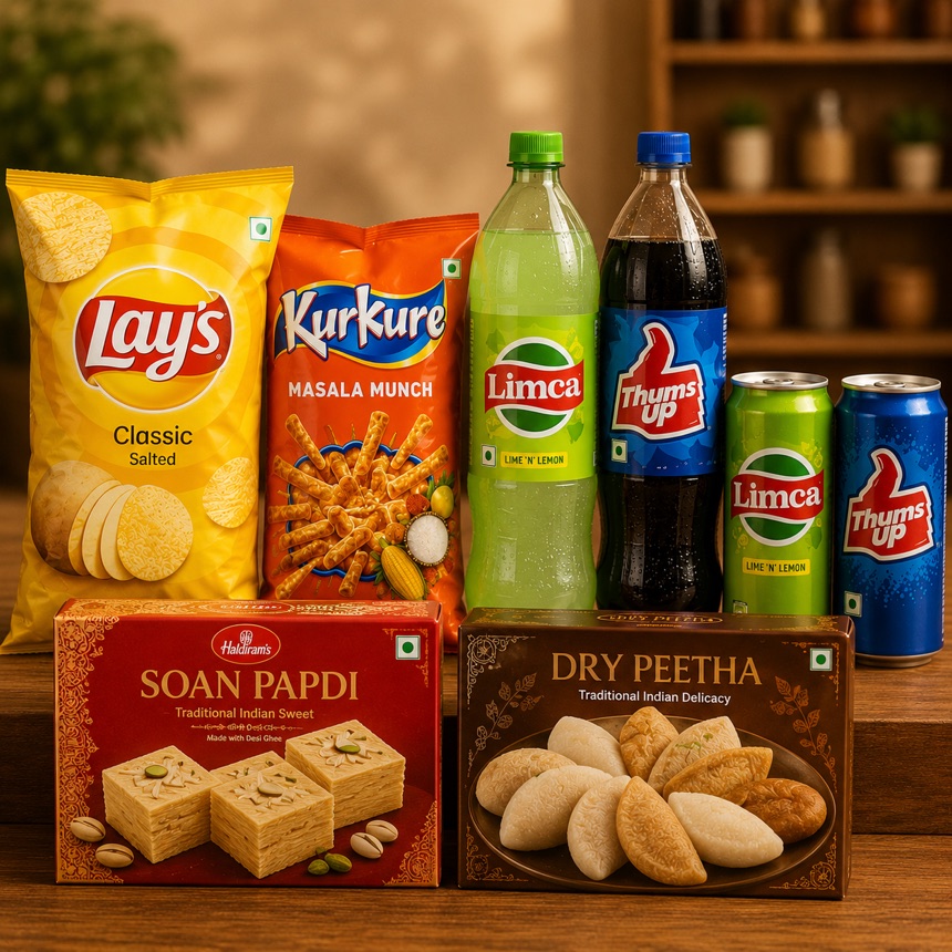Indian snacks & confectionery — Lay's, Kurkure, Limca, Thums Up, Haldiram's Soan Papdi and Dry Peetha